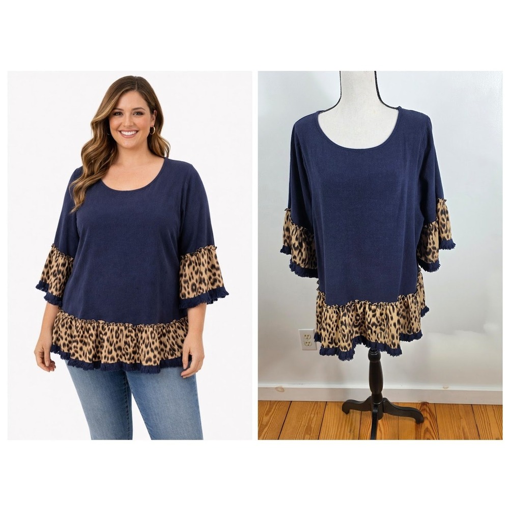 Navy Blue Leopard Print Ruffle Hem Linen Top 1X Womens 3/4 Sleeve Fringe Boho